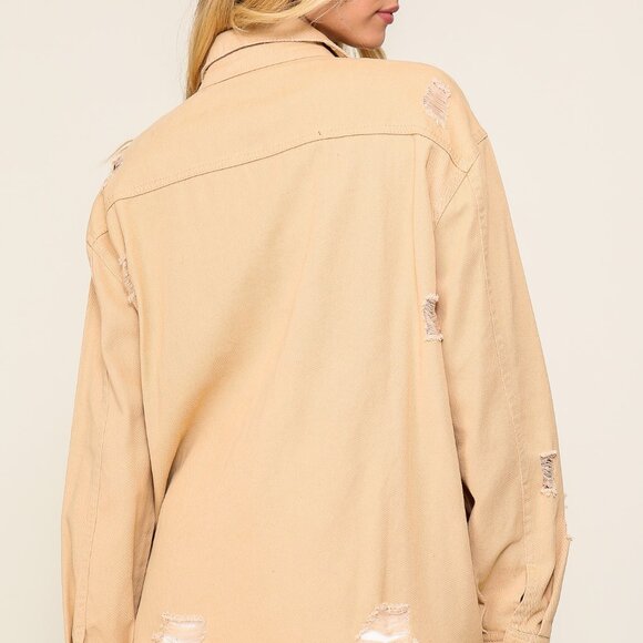 Timing Jackets & Blazers - Timing Distressed Oversized Denim Jacket - Taupe